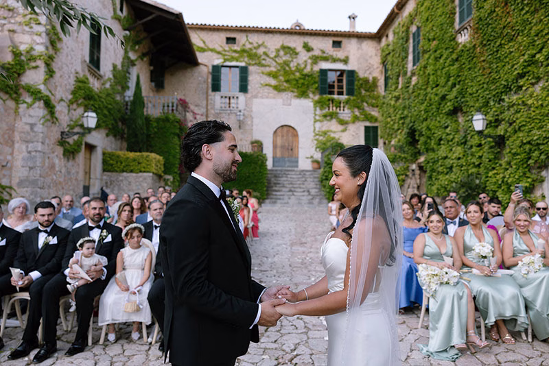 couple smiling, getting married in a wedding venue in Mallorca